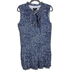 DKNY Blue Black Speckled Accordion Pleated Neck Tie Sleeveless Shift Dress Sz 10